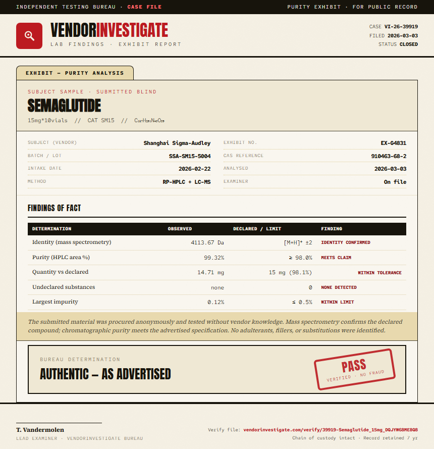 Semaglutide Purity (HPLC) report by VendorInvestigate