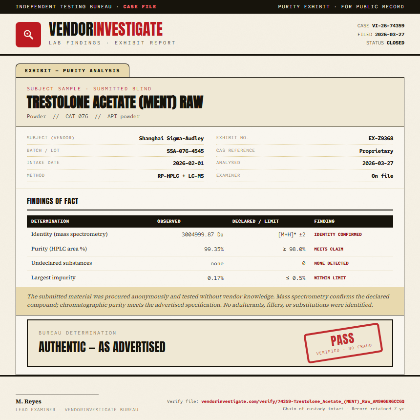 Trestolone Acetate (MENT) Raw Purity (HPLC) report by VendorInvestigate